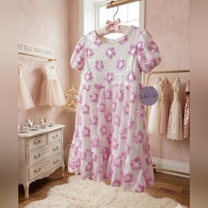 Sparkle & Shine Pink/White Sequin Floral Dress w/Puff Sleeves, Size 6, NWT